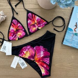 L Space Floral Triangle Bikini Set with Vibrant Pink-Red Blooms